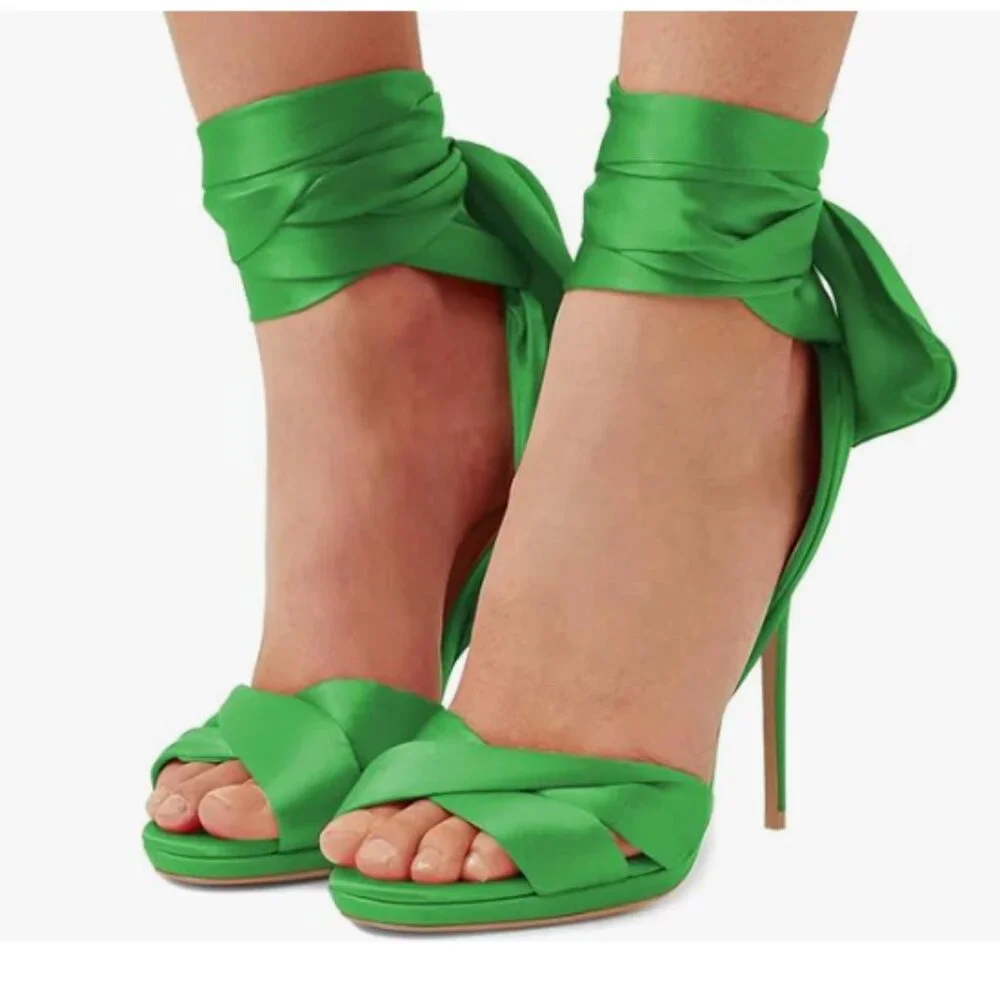 FSJ Green Cocktail Peep Toe Satin Lace Up Ankle Wrap Platform High Heel Sandals